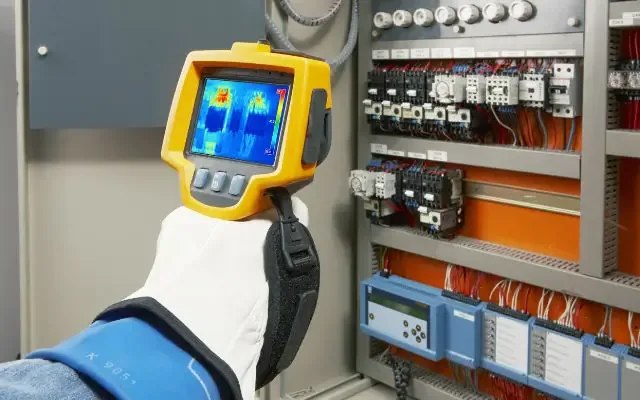 Cámara termográfica de mano apuntando a un tablero eléctrico industrial, mostrando la imagen térmica en su pantalla
